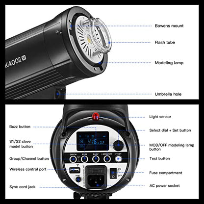Godox SK400II-V 400Ws Photo Studio Strobe Monolight with Bowens Mount & LED | GN65, 0.1-1.5s Recycle Time, Bowens Mount, 10W LED Modeling Lamp for Studio Product Photography, Portraits Shooting, 110~120V