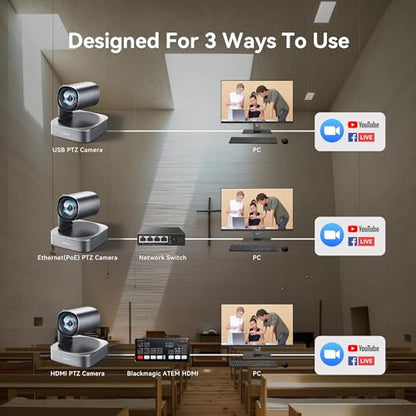 Tenveo 4K PTZ Camera, AI Humanoid & Face Auto-Tracking, 12X Optical Zoom Wide Angle, USB3.0/HDMI/LAN PoE IP Live Streaming for Church Video Conference Broadcast Zoom Teams YouTube OBS - color: Matte Silver