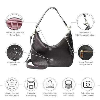 Meliae Camera Bag for Women, DSLR Mirrorless Camera Purse, Leather Shoulder Crossbody Hobo Travel Tote - color: Black