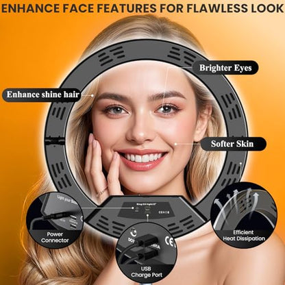 18" Large Ring Light with Stand, Upgraded Foldable LED Big Ringlight with 75" Tripod & Wheel Tray for Live Tattoo Makeup Video Recording Barber Photography - size: 18 INCH