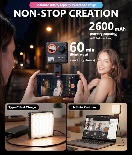 10W Ultra Bright Portable Selfie LED Light,Pocket RGB Camera Light with Phone Clip,Cold Shoe and Magnetic Diffuser for Selfie, vlogging and Photography