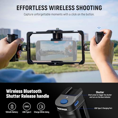 NEEWER Universal Phone Cage Video Rig with Bluetooth Shutter Side Handle Comfort Grips, Smartphone Stabilizer for Video Recording Compatible with iPhone 16 15 Pro Max 15 Pro Galaxy S24 Ultra, PA009E