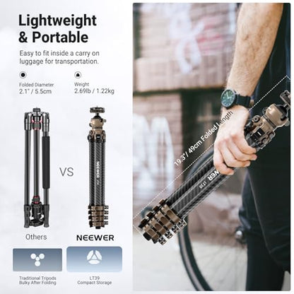 NEEWER LITETRIP Carbon Fiber Travel Tripod with Pan Tilt Low Profile Ball Head,62.4" DSLR Camera Phone Holder Stand Compatible with PD V3 Plates iPhone, 2 Center Columns,Max Load 22 lb, LT39