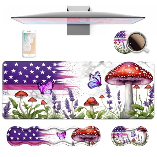 4 in 1 Ergonomic Keyboard Wrist Rest & Mouse Pad Wrist Rest Set, Large XXL Gaming Desk Mat 31.5"x 11.8" with Non-Slip Base, Memory Foam for Home Office Study Gaming, American Flag Mushroom Butterfly - color: American Flag Mushroom Butterfly