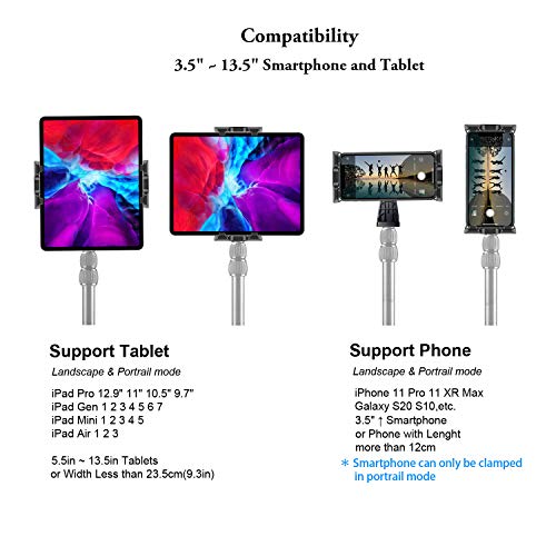 IPad Tripod Mount Adapter 360 Degree Rotatable Universal Tablet Clamp Holder for iPad Pro 12.9 11 10.5, iPad Air Mini, Surface Tab, Galaxy Tab and 3.5 to 13.5in Phone Tablet, for Tripod, Monopod