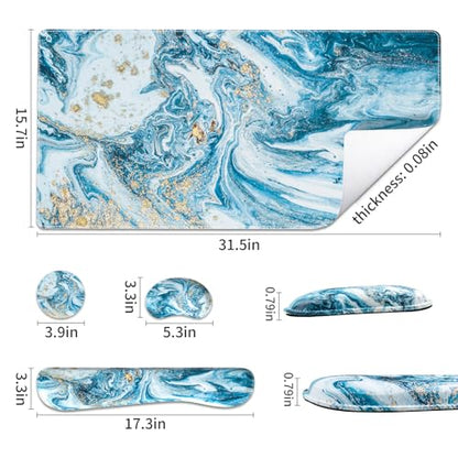 QIYI Leather Desk Mat Set, 4-in-1 Large Mouse Pad with Ergonomic Wrist Rest, Waterproof Desk Pad + Keyboard Wrist Rest + Mouse Wrist Support + Coaster, Non-Slip Office Gaming Accessories, Blue Marble - color: Blue Marble