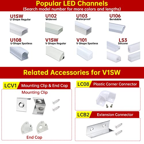 Muzata 5Pack 3.3FT/1M V Shape LED Channel Silver Aluminum LED Strip Diffuser Channel with Milky White Cover Frosted Corner Lighting Easy Installation V1SW WW 1M - size: 5Pack