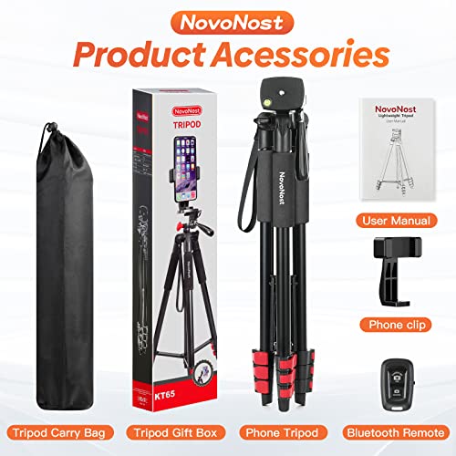 65" Phone Tripod Stand for iPhone Camera Wireless Remote & Holder | 574g Ultra-Lightweight 65" Height. Max Load 4.4lb. 360° Pan Head for Vlogging. Includes Bluetooth Remote & Tripod Carry Bag