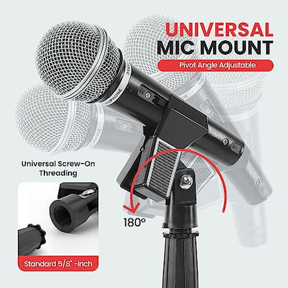 Pyle Universal Microphone Stand - Handheld Mic Compatible, Heavy Compact Base, Lightweight & Compact Design, 2.8 to 5 Ft Height Adjustable Clamp, Pivot Angle Clip, Home/Studio Use (Pair) - style: 2 Pack