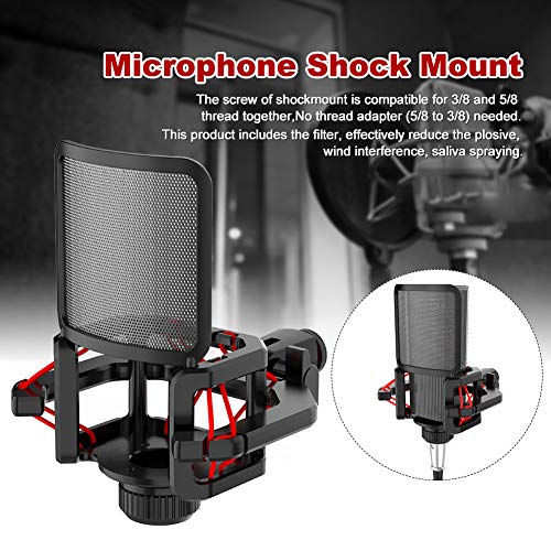 Universal Microphone Shock Mount, Anti Vibration Shock Mount with Filter Screen for Microphones Diameter 21-62mm, Compatible for 3/8 and 5/8 Thread, Reduce Noise Easy Install