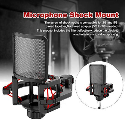 Universal Microphone Shock Mount, Anti Vibration Shock Mount with Filter Screen for Microphones Diameter 21-62mm, Compatible for 3/8 and 5/8 Thread, Reduce Noise Easy Install