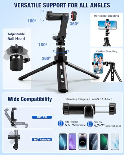 Vlogging Kit for iPhone/Android, TikTok YouTube Starter Kit for Video Recording with Magnetic Wireless Microphone, Full Size Camera Tripod, Table Tripod, RGB Fill Light, Content Creator Essentials