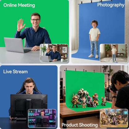 Blue Green Screen Backdrop Stand Kit, 5x6.5ft Portable T-Shaped Stand with Reverse Folding Base, 2-in-1 Reversible Background with 5 Clamps for Streaming, Zoom, Photography, Video Recording