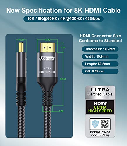 Certified 10K 8K 4K HDMI 2.1 Cable 8FT, 48Gbps Ultra High Speed HDMI® Cord | Ethernet CEC 4K 240Hz 165Hz 144Hz 120Hz 8K 60Hz eARC Netflix HDCP2.3 HDR10+ PC Laptop RTX5090 TV Monitor Projector X-box PS5 - size: 8.2 ft