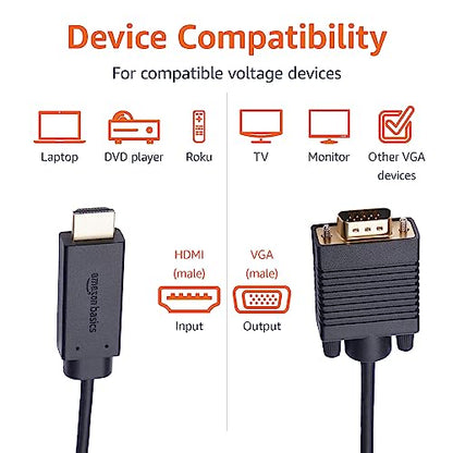 Amazon Basics HDMI (Source) to VGA (Display) Cable (ONE-Directional), Male to Male, 1080P, Gold-Plated, 6 feet, Black - size: 6 feet