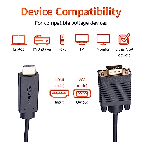 Amazon Basics HDMI (Source) to VGA (Display) Cable (ONE-Directional), Male to Male, 1080P, Gold-Plated, 6 feet, Black (Pack of 2) - size: 6 feet (Pack of 2)