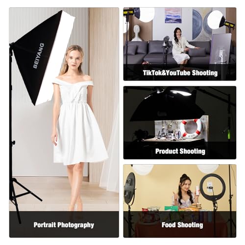 BEIYANG Softbox Lighting Kit, 2x20''x28'' Photography Soft Box with 2 pcs 6000K E27 LED Socket LED Bulbs, Studio Lights for Photography/Video Recording/Live Streaming