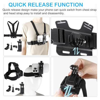 PellKing Mobile Phone Chest Strap Harness Mount Head Strap Holder Kit for POV/VLOG,Cell Phone Clip Compatible with iPhone,Samsung,GoPro Hero 9, 8,7, 6, 5, 4, 3,2, 1,AKASO,DJI Osmo,and Action Cameras…