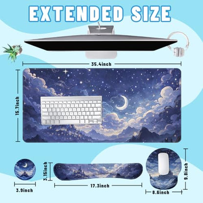 Moonlit Castle Desk Mat Set Dream Night Sky Large Mouse Pad with Wrist Rest 4in1 Desk Mat for Desktop Ergonomic Computer Desk Arm Wrist Anti-Slip Computer Ergonomic Mouse Pad Home Office Gaming - color: Moonlit Castle