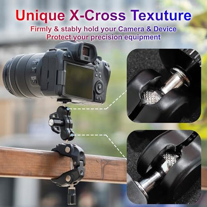 JJC Super Clamp Camera Mount, Dual Ballhead Aluminum Pole Mount w. 1/4“-20 & 3/8"-16 Thread Hole, Action Camera Mount and Phone Clip, for DJI Osmo Action GoPro, Crab Clamp for Desk Tripod Tube Rod - color: Black -Universal