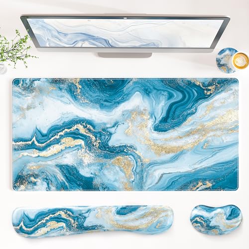 QIYI Leather Desk Mat Set, 4-in-1 Large Mouse Pad with Ergonomic Wrist Rest, Waterproof Desk Pad + Keyboard Wrist Rest + Mouse Wrist Support+Coaster, Non-Slip Office Gaming Accessories, Blue Fluid Art - color: Blue Fluid Art