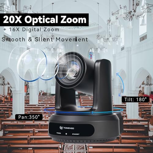 TONGVEO AI Auto-Tracking PTZ Camera: 20X Optical Zoom 1080P 60fps HDMI SDI USB PoE Video Camera for Church Worship Live Streaming, Conference Room Webcam for OBS - color: Ink