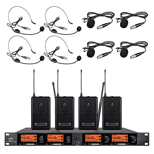 Frequency B Wireless Microphone System 4 Channel 4 Lavalier 4 Bodypacks 4 Lapel Mic 4 Headsets UHF for Karaoke System Church Speaking Conference Meeting Classroom Wedding Party Meeting School