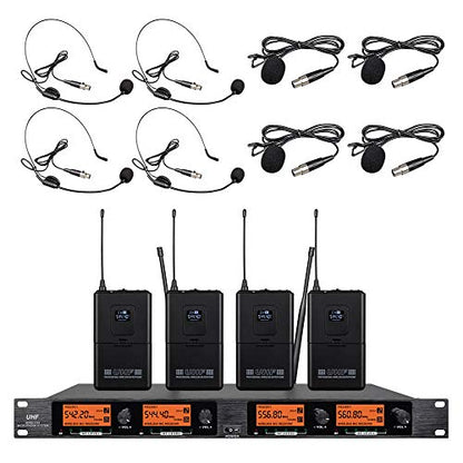Frequency B Wireless Microphone System 4 Channel 4 Lavalier 4 Bodypacks 4 Lapel Mic 4 Headsets UHF for Karaoke System Church Speaking Conference Meeting Classroom Wedding Party Meeting School