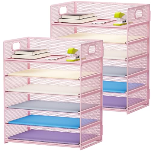 Marbrasse 2 Pack Desk Organizer with Handle, 6 Tier Paper Letter Tray, Mesh Desk File Organizer for Office, School and Home - Pink - color: 2 Pack 6 Tier - Pink