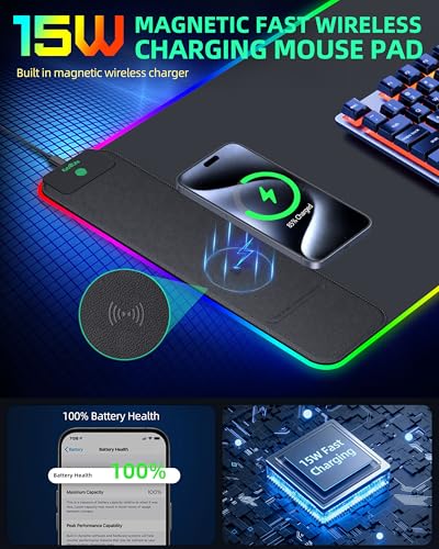 Wireless Charging Mouse Pad, RGB Gaming Desk Mat, 31.5"x15.7" Large XXL Desk Pad, 15 Lighting Modes, Ultra-Smooth Surface, Non-Slip Mouse Mat, Waterproof Computer Keyboard Pad for Desk, Office, Black - color: Black Rgb (Wireless Charging)