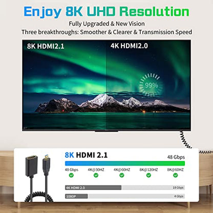 Duttek 8K Micro HDMI Extender Cable - 1FT4FT, 48Gbps Ultra Thin Coiled Cable, Supports Dynamic HDR, 8K@60Hz, 4K@144Hz, 2K@240Hz - style: Micro HDMI Male to HDMI Female