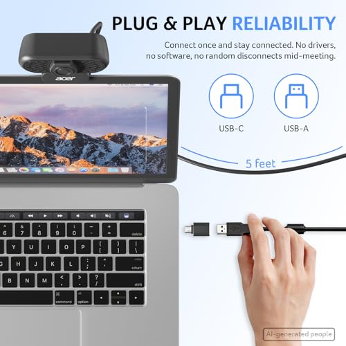Acer 1080p Webcam USB Plug and Play Webcam for PC with Noise Cancellation Microphones Computer Camera for Desktop Streaming Gaming Online Meeting Wide Angle Privacy Cover A-to-C Adapter Easy Setup - color: Black