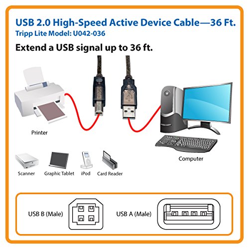 Tripp Lite USB 2.0 Hi-Speed A/B Active Repeater Cable (M/M) 36-ft. (U042-036), Silver - size: 36 ft.
