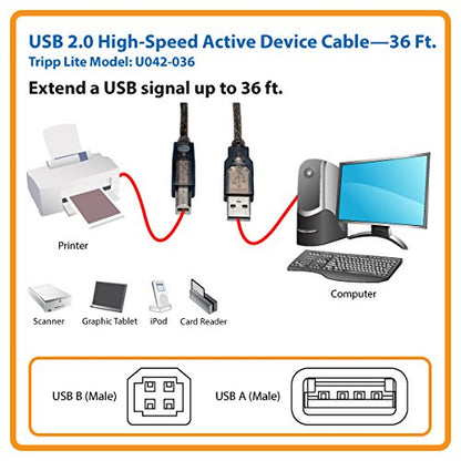 Tripp Lite USB 2.0 Hi-Speed A/B Active Repeater Cable (M/M) 36-ft. (U042-036), Silver - size: 36 ft.