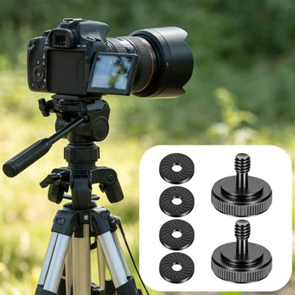 2 Pack Thumb Screw Camera Quick Release Adapter, 1/4" Female to Male Thumbscrew with Rubber Pads, L Bracket Mount Screws for Tripod Camera Plate, with 4 Anti-Slip Rubber Washers for Stability (Black)
