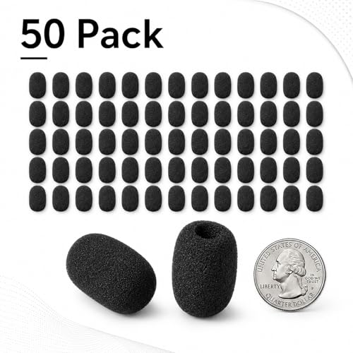 50 Pcs Headset Mic Foam Cover, Microphone Foam Overs, Microphone Foams Covers for Lavalier & Headset Microphones, Noise Reduction Sponge Material, Black