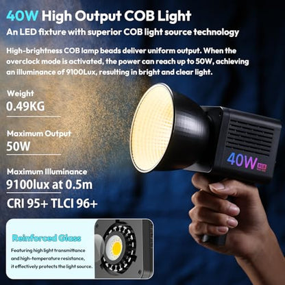 ULANZI 40W Pro RGB Portable LED Video Light w DC Power Adapter, 3400mAh Build-in Battery Metal Mini Adjustable Color Temperature COB Continuous Output Lighting Handheld Spotlight 2500K-6500K for Video