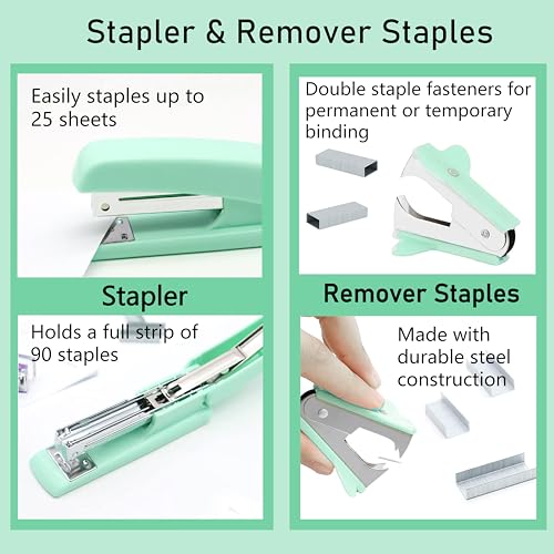 Green Office Supplies, Purple Desk Accessories, Stapler, Staple Remover, Tape Holder, Pen Holder, Ballpoint Pen, Scissor, Binder Clips, Paper Clips and 1000pcs Staples. - color: Green