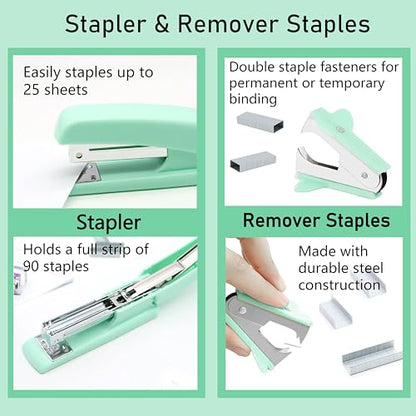 Green Office Supplies, Purple Desk Accessories, Stapler, Staple Remover, Tape Holder, Pen Holder, Ballpoint Pen, Scissor, Binder Clips, Paper Clips and 1000pcs Staples. - color: Green
