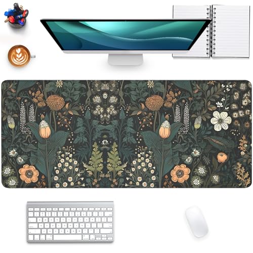 Dark Cottagecore Mouse Pad Floral Desk Pad,Botanical Mousepad, Vintage Desk Mat,Wildflower Mousepad with Stitched Edges Non-Slip Waterproof Rubber Base Mouse Mat for Office Work Home(27.5X11.8 in) - color: Boho Flowers Black