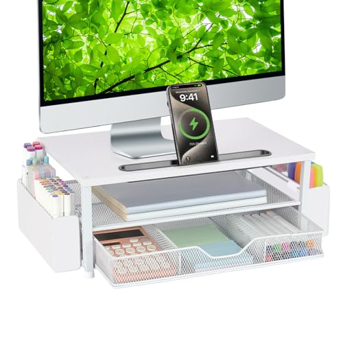 AUPSEN White Monitor Stand Riser, 2-Tier Wood Computer Desk Organizer with Drawer, Pen Storage & Phone Holder, Office Desk Accessories Desktop Organizer for Office Supplies - color: White Wood