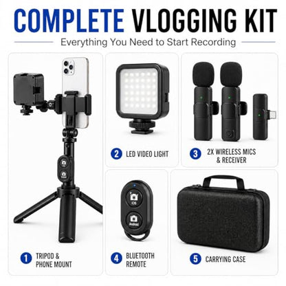 Vlogging Kit for iPhone/Android with Wireless Microphone, LED Light & Tripod – Phone Video Recording Kit for YouTube, TikTok, Streaming & Content Creators