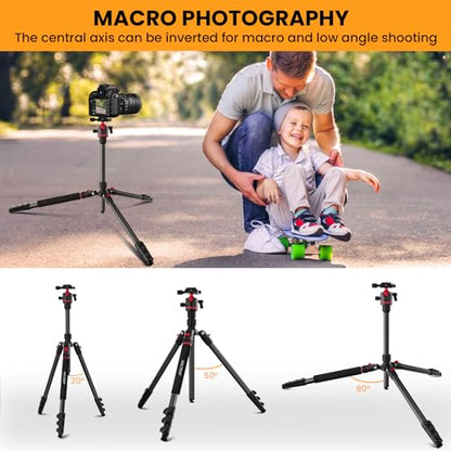 MACTREM 67" Travel Tripod - 360° Ball Head for Cameras | Aluminum alloy, 67" height, 360° ball head, lightweight, for DSLR/mirrorless, smartphone, iPad, binoculars - size: 68 inch