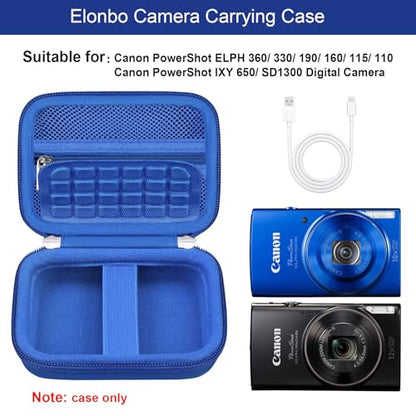 Elonbo Carrying Case for Canon PowerShot ELPH 360 HS A/ 360 HS/ 360/ IXY 650 Digital Camera, Canon PowerShot ELPH 330/190/160/115/130/110 Camera Hard Travel Bag, Mesh Pocket fits Battery Cable, Blue - color: Blue