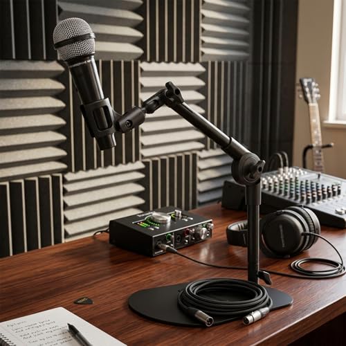 Desk Microphone Stand Weighted Base Mic Holder for Podcast Stream Recording | Solid Metal base holds 2.2lb. Adjustable Dual pivot 180° angle control.Includes mic adapters.Non-slip pads.Fits most gear