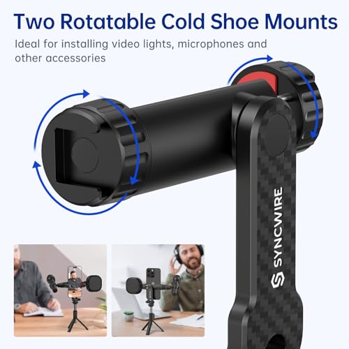SYNCWIRE Tripod Phone Mount, Universal Smartphone Mount Adapter with 2 Cold Shoe and 1/4" Screw, 360° Rotates and 180° Tilts Adjustable Cell Phone Clamp Holder for Enhancing Mobile Photography Setup - color: Black