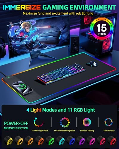 Wireless Charging Mouse Pad, RGB Gaming Desk Mat, 31.5"x15.7" Large XXL Desk Pad, 15 Lighting Modes, Ultra-Smooth Surface, Non-Slip Mouse Mat, Waterproof Computer Keyboard Pad for Desk, Office, Black - color: Black Rgb (Wireless Charging)