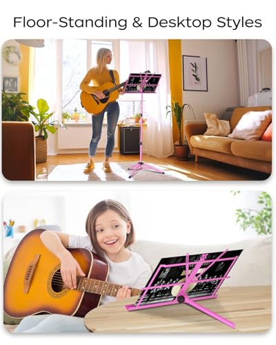 K KASONIC - Music Stand, 2 in 1 Dual-Use Folding Sheet Music Stand & Desktop Book Stand, Portable, Lightweight with Music Sheet Clip Holder & Carrying Bag Suitable for Instrumental Performance (Pink) - color: 1 Pack Pink