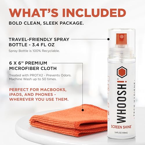 WHOOSH! Screen Shine Go XL - 3.4 fl oz with Microfiber Cloth - Powerful Streak-Free Screen Cleaner Spray and Wipe for MacBook, Laptop, Car, Eyeglasses & Phone - Sleek Bottle for Home, Work or Travel - size: 3.4 fl oz (Pack of 1)