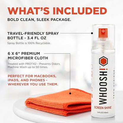 WHOOSH! Screen Shine Go XL - 3.4 fl oz with Microfiber Cloth - Powerful Streak-Free Screen Cleaner Spray and Wipe for MacBook, Laptop, Car, Eyeglasses & Phone - Sleek Bottle for Home, Work or Travel - size: 3.4 fl oz (Pack of 1)